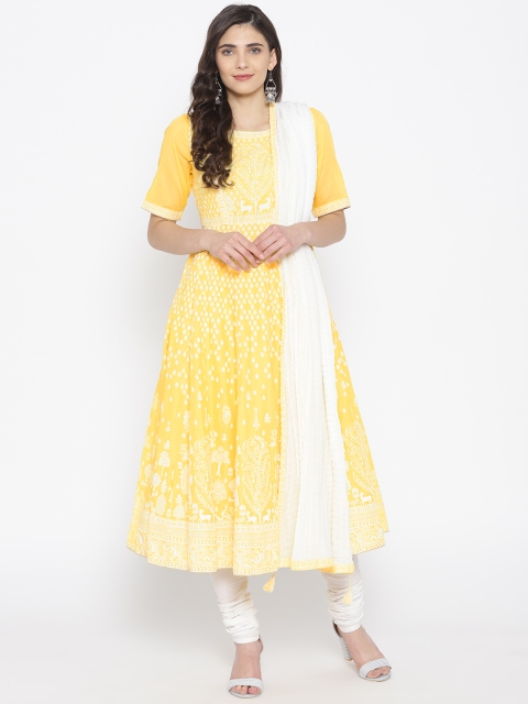 

Biba Women Yellow & White Printed Kurta with Churidar & Dupatta
