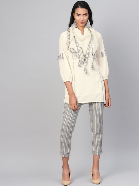 

Biba Women Off-White & Grey Yoke Design Kurti with Trousers & Dupatta