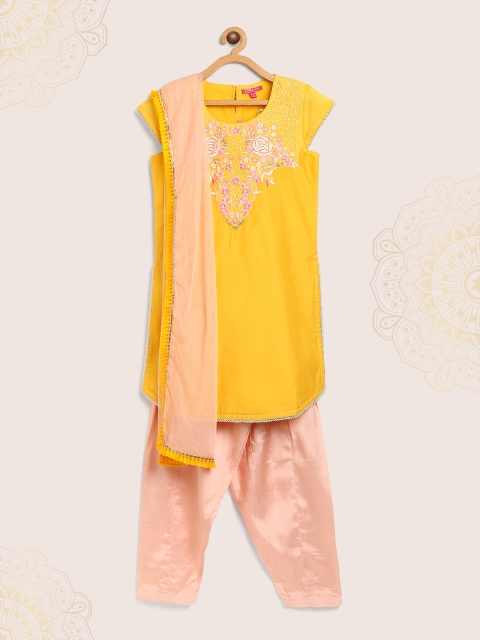 

Biba Girls Yellow & Peach-Coloured Yoke Design Kurta with Salwar & Dupatta
