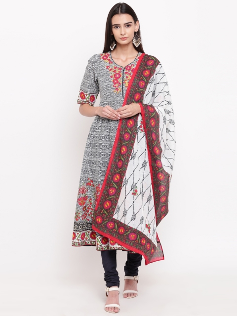 

Biba Women Black & White Printed Kurta with Churidar & Dupatta