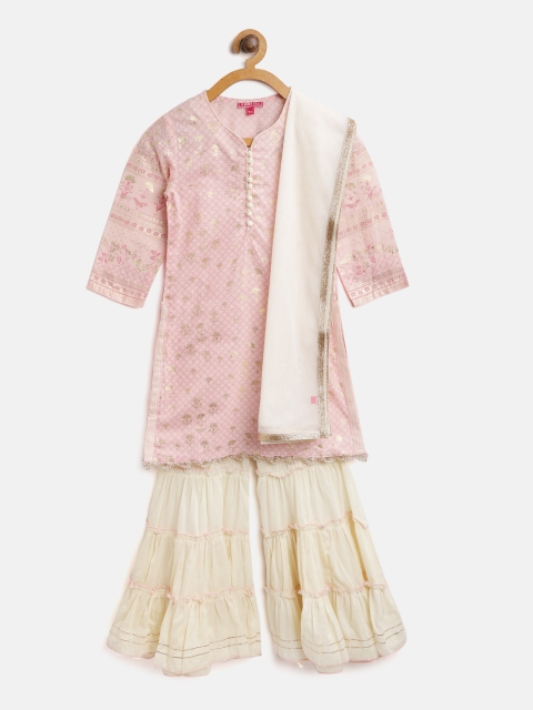 

Biba Girls Pink & Off-White Printed Kurta with Sharara & Dupatta