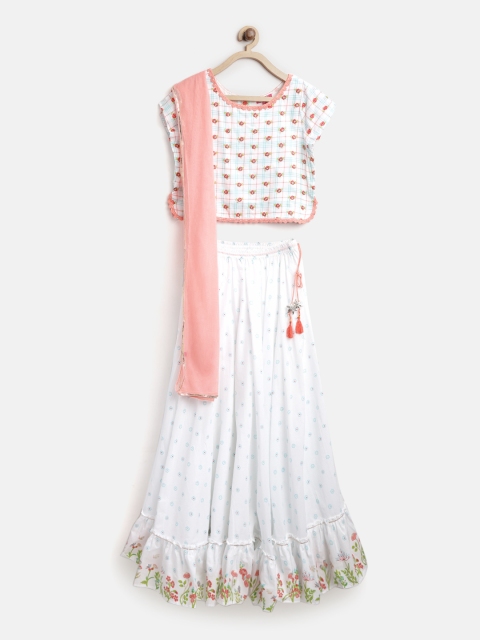 

Biba Girls White & Blue Printed Ready to Wear Lehenga & Blouse with Dupatta