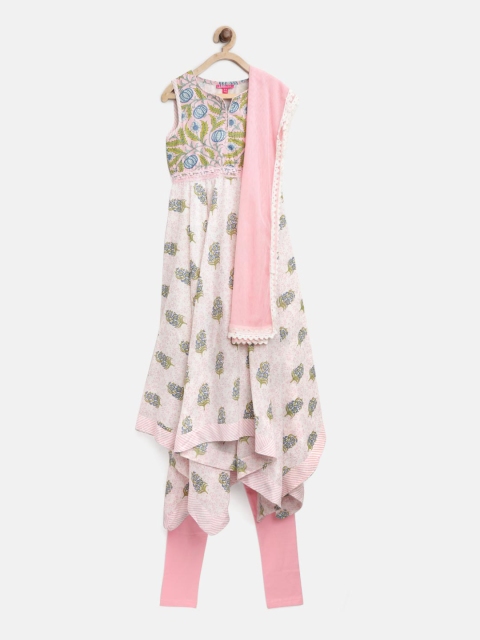 

Biba Girls Pink & Blue Printed Anarkali Kurta with Churidar & Dupatta