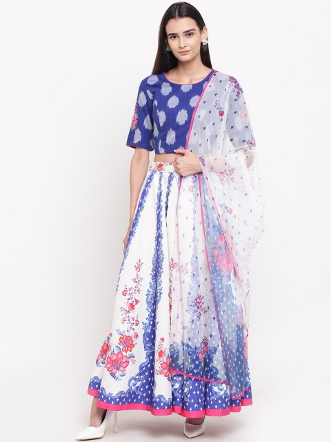 

Biba Women Navy Blue & White Printed Top with Skirt & Dupatta