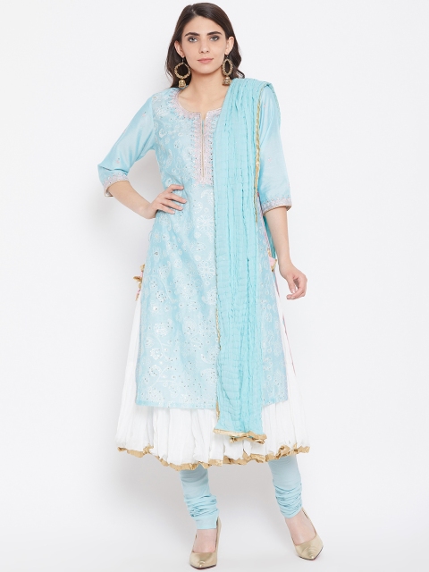 

Biba Women Blue & White Embroidered Layered Kurta with Churidar & Dupatta