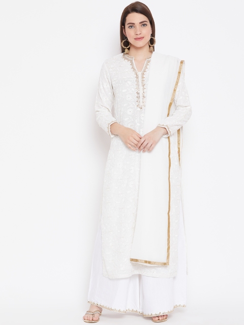 

Biba Women White Embroidered Kurta with Palazzos & Dupatta