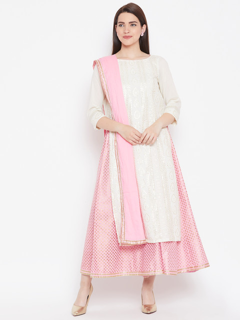 

Biba Women Off-White & Pink Embroidered Kurta with Palazzos & Dupatta
