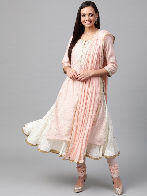 

Biba Women Peach-Coloured & Off-White Sequinned Layered Kurta with Churidar & Dupatta