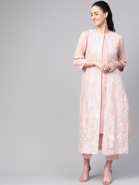 

Biba Women Peach-Coloured & White Layered Embroidered Kurta with Trousers