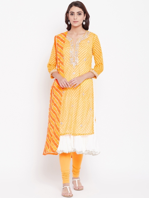 

Biba Women Yellow & Orange Printed Layered Kurta with Churidar & Dupatta