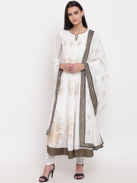 

Biba Women White & Golden Printed Kurta with Churidar & Dupatta