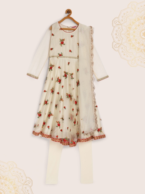 

Biba Girls Beige Embroidered Kurta with Churidar & Dupatta