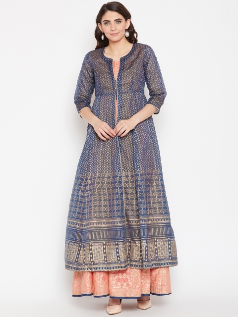 

Biba Women Navy Blue & Orange Printed Layered Anarkali Kurta