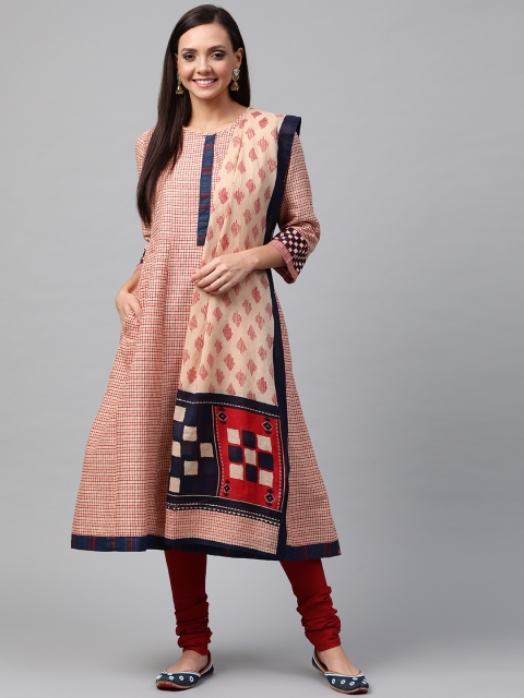 

Biba Women Beige & Rust Red Printed Kurta with Churidar & Dupatta