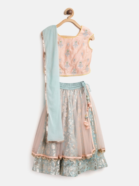 

Biba Girls Peach-Coloured & Blue Embroidered Ready to Wear Lehenga & Blouse with Dupatta