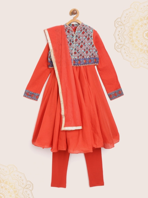 

Biba Girls Coral Red & Blue Solid Kurta Set with Ethnic Jacket