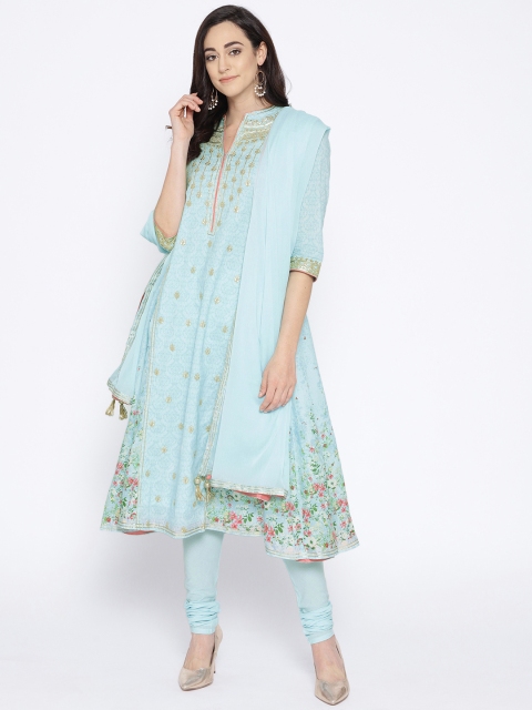 

Biba Women Blue Printed Kurta with Churidar & Dupatta