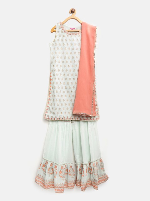 

Biba Girls Green Printed Kurta with Sharara & Dupatta