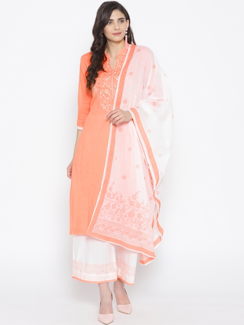 

Biba Women Peach-Coloured & White Yoke Design Kurta with Palazzos & Dupatta