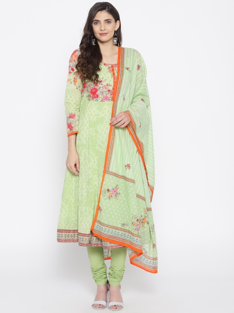 

Biba Women Green & Red Printed Kurta with Churidar & Dupatta