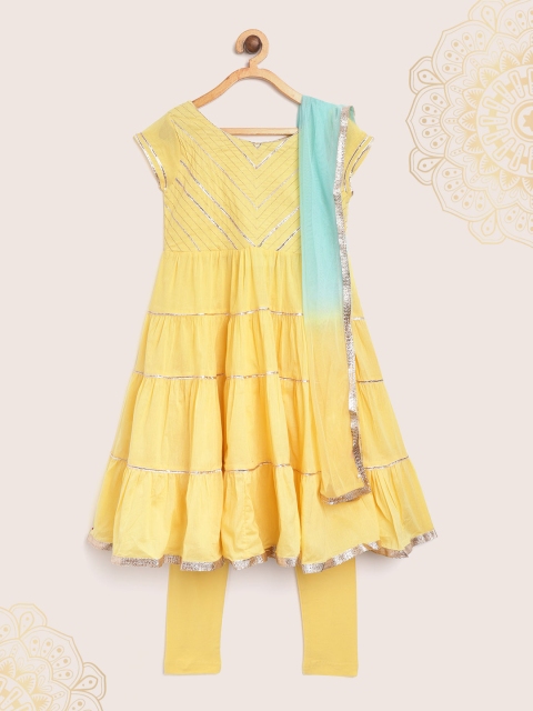 

Biba Girls Yellow & Silver Striped Tiered Kurta with Churidar & Dupatta