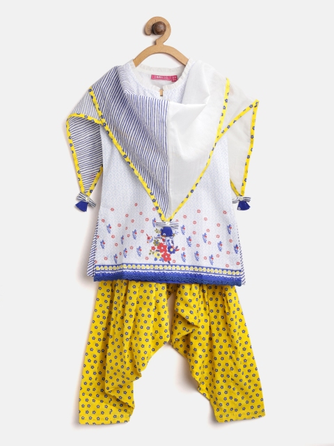 

Biba Girls White & Yellow Printed Kurta with Salwar & Scraf