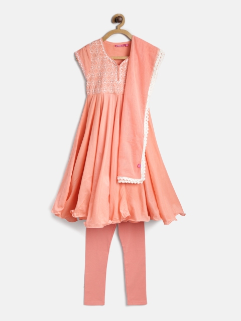 

Biba Girls Peach-Coloured Yoke Design Anarkali Kurta with Churidar & Dupatta