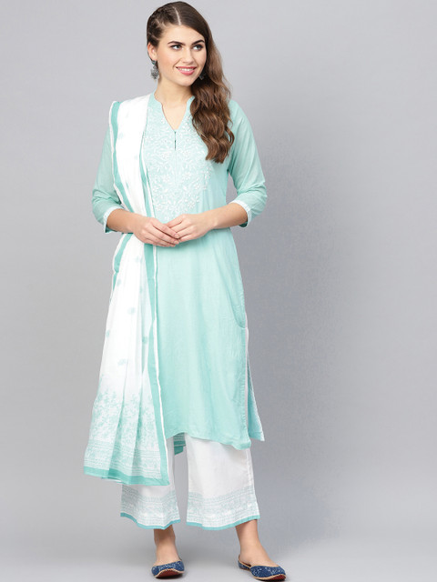 

Biba Women Blue & White Yoke Design Kurta with Palazzos & Dupatta