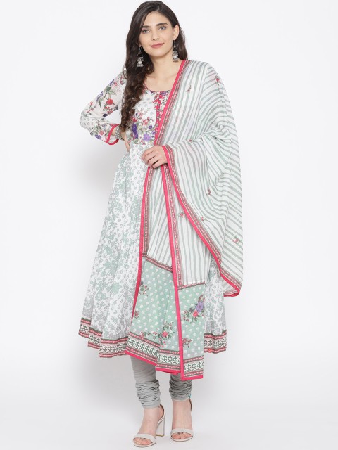 

Biba Women Off-White & Grey Floral Printed Kurta with Churidar & Dupatta