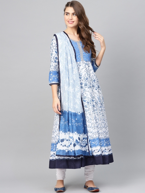 

Biba Women Blue & White Printed Kurta with Churidar & Dupatta