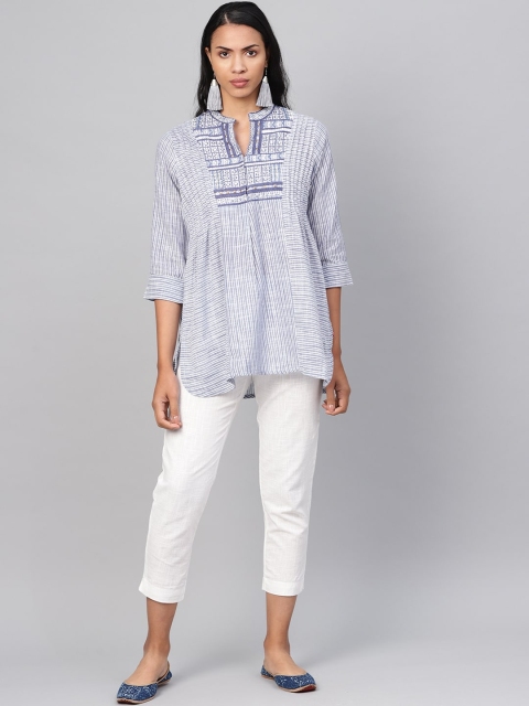 

Biba Women Blue & Off-White Striped Kurti with Trousers
