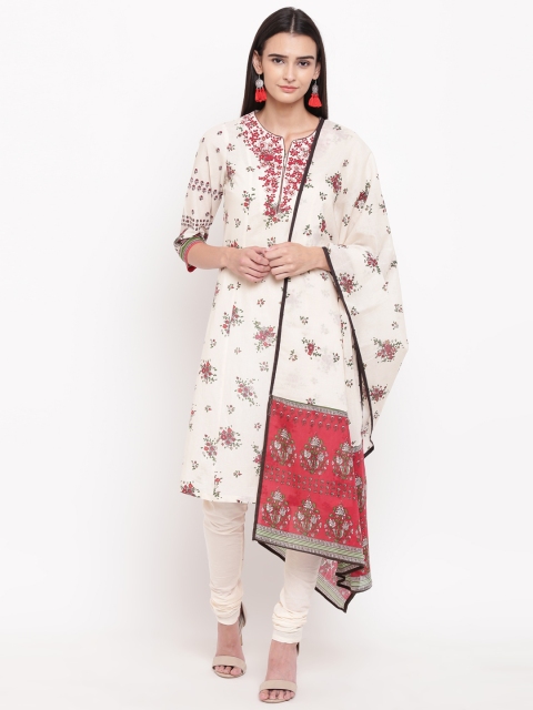 

Biba Women Cream-Coloured & Maroon Printed Kurta with Churidar & Dupatta