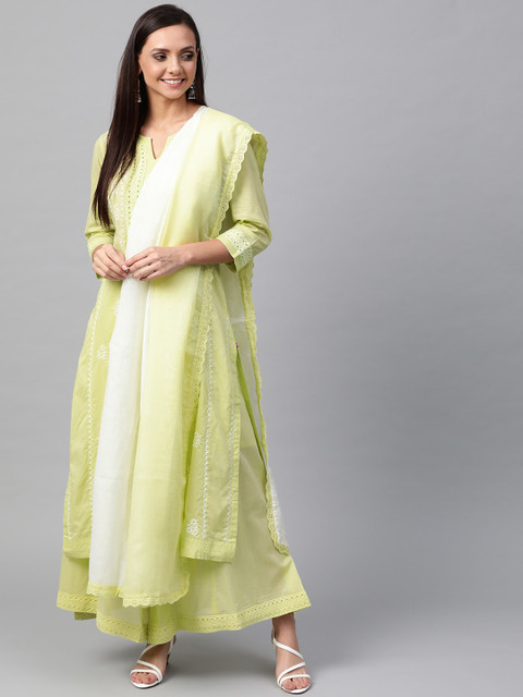 

Biba Women Lime Green & White Mukaish Work Embroidered Kurta with Palazzos & Dupatta