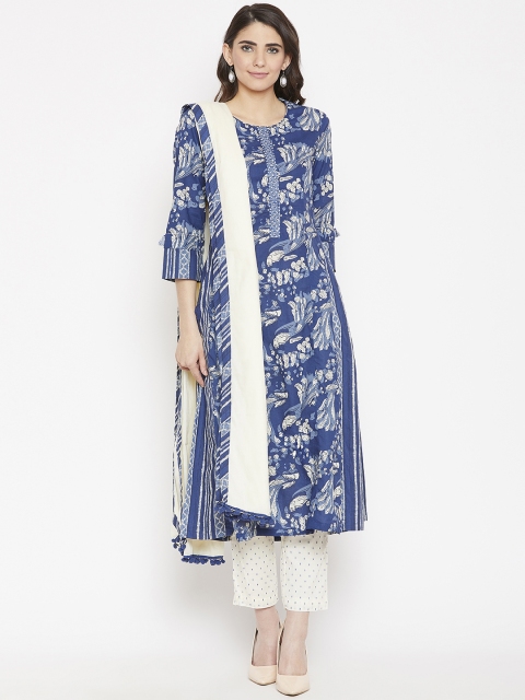 

Biba Women Blue & Cream-Coloured Printed Kurta with Trousers & Dupatta