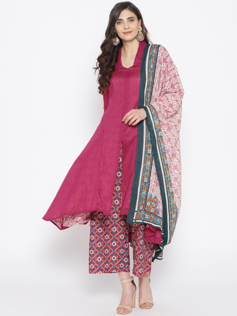 

Biba Women Magenta & Off-White Solid Kurta with Palazzos & Dupatta