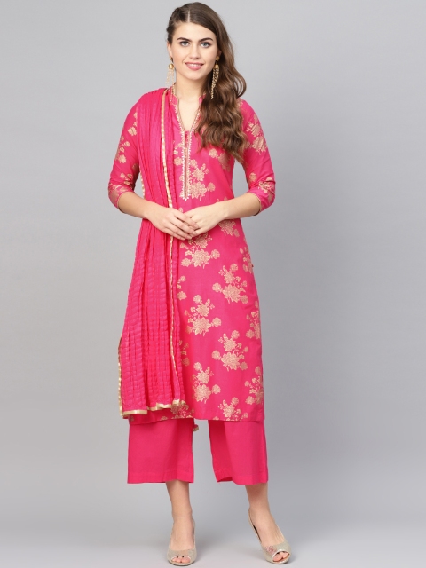 

Biba Women Pink & Golden Printed Kurta with Palazzos & Dupatta