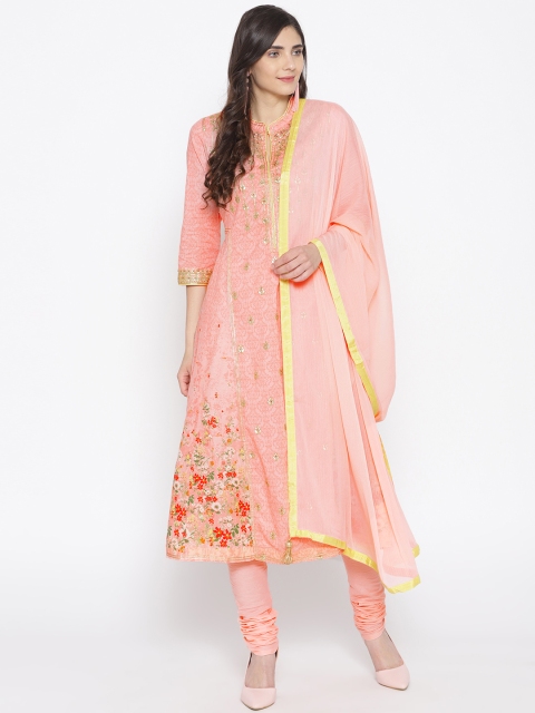 

Biba Women Peach-Coloured & Golden Printed Kurta with Churidar & Dupatta