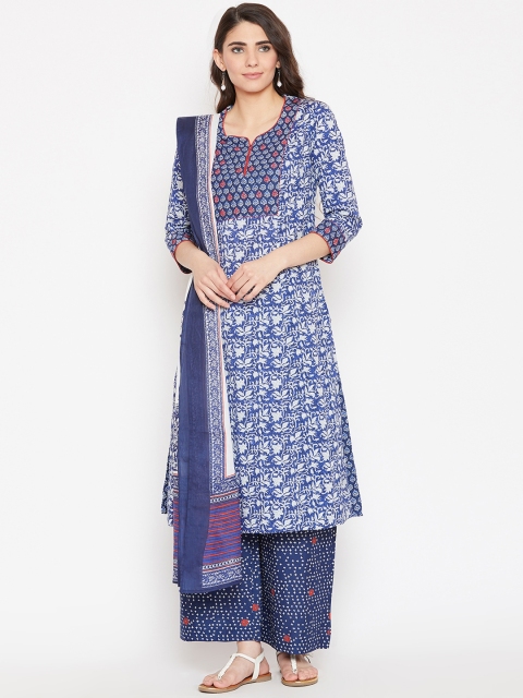 

Biba Women Blue & White Printed Kurta with Palazzos & Dupatta