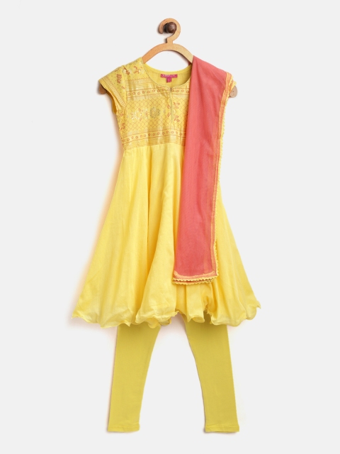

Biba Girls Yellow & Peach-Coloured Yoke Design Kurta with Churidar & Dupatta
