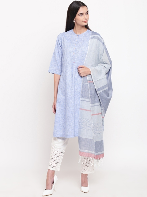 

Biba Women Blue & White Solid Kurta with Trousers & Dupatta