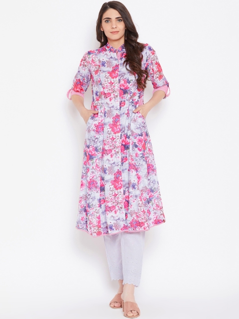

Biba Women Lavender & White Printed A-Line Kurta with Trousers