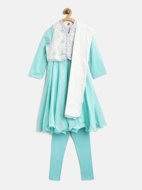 

Biba Girls White & Blue Solid Anarkali Kurta with Churidar & Dupatta