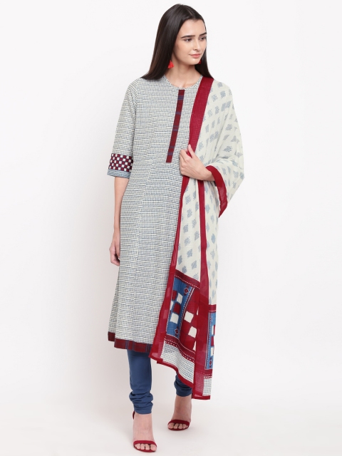 

Biba Women Off-White & Blue Checked Kurta with Churidar & Dupatta