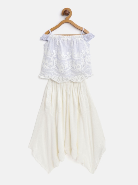 

Biba Girls Blue & White Embroidered Net Layered Top with Dhoti Pants