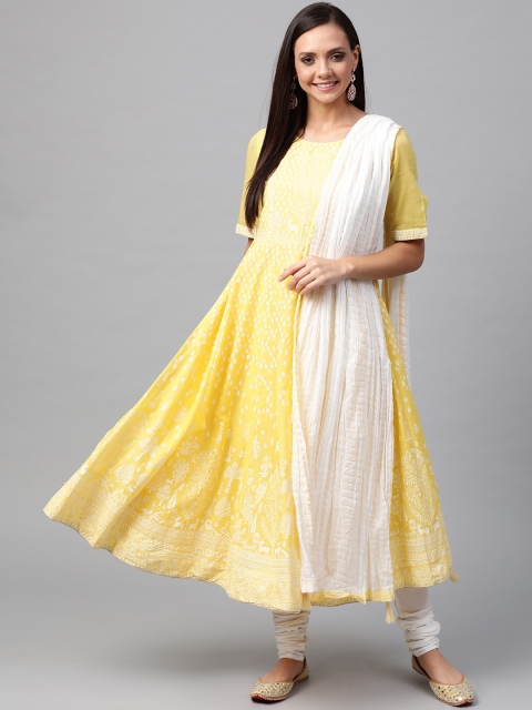 

Biba Women Yellow & Off-White Printed Kurta with Churidar & Dupatta