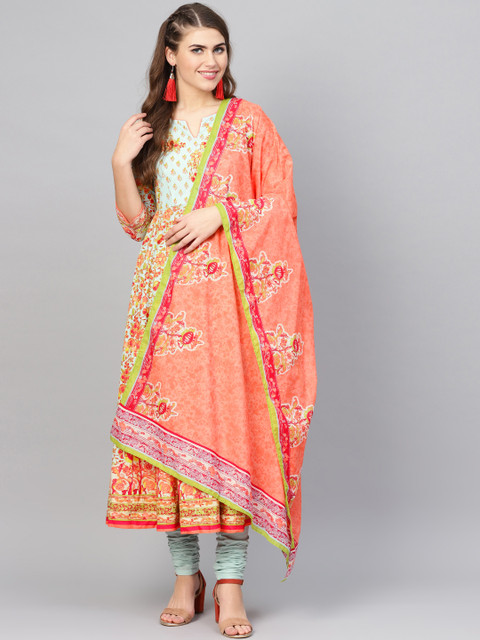 

Biba Women Blue & Orange Printed Kurta with Churidar & Dupatta