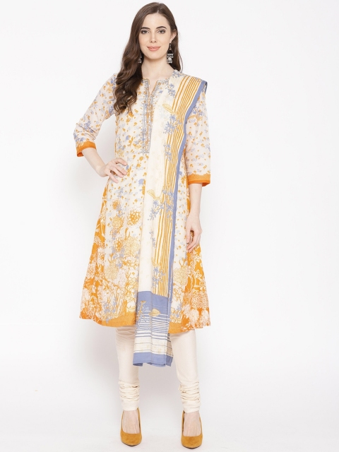 

Biba Women Cream-Coloured & Mustard Yellow Printed Kurta with Churidar & Dupatta