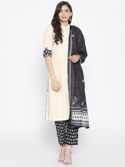

Biba Women Off-White & Black Self Design Kurta with Trousers & Dupatta