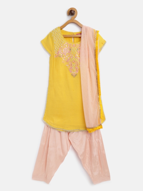 

Biba Girls Yellow & Pink Yoke Design Kurta with Churidar & Dupatta