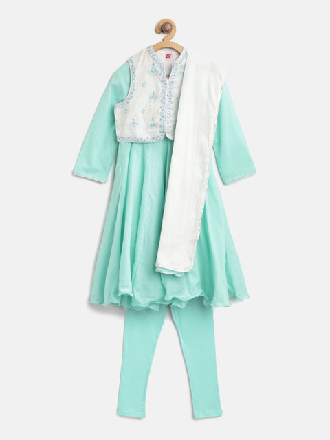 

Biba Girls Turquoise Blue Solid Kurta with Churidar, Dupatta & Ethnic Waistcoat